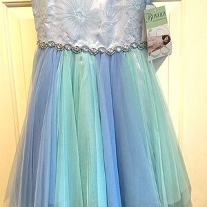NWT Size 8 Bonnie Jean Blue and Aqua Floral Lace Tulle Dress